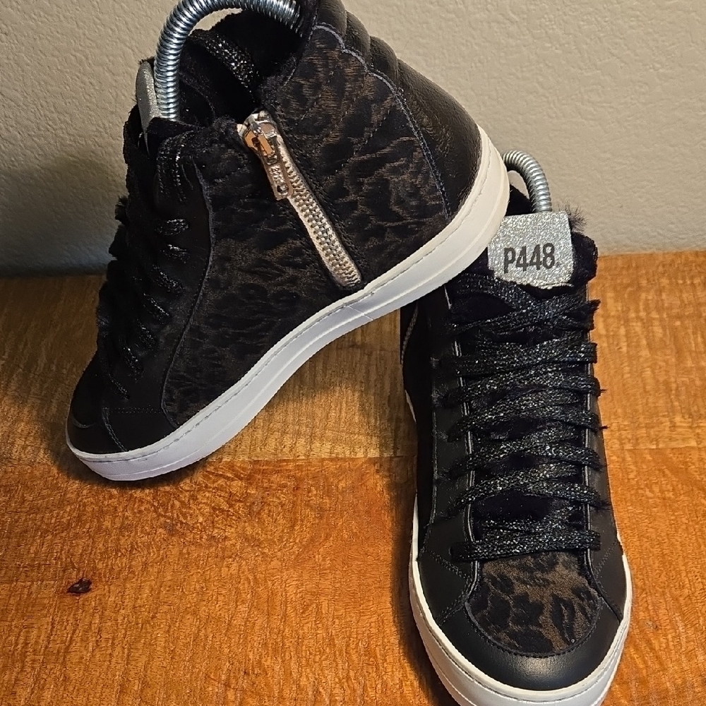 P448 Black and‎ Brown Leopard Print Sneakers - Picture 4 of 9